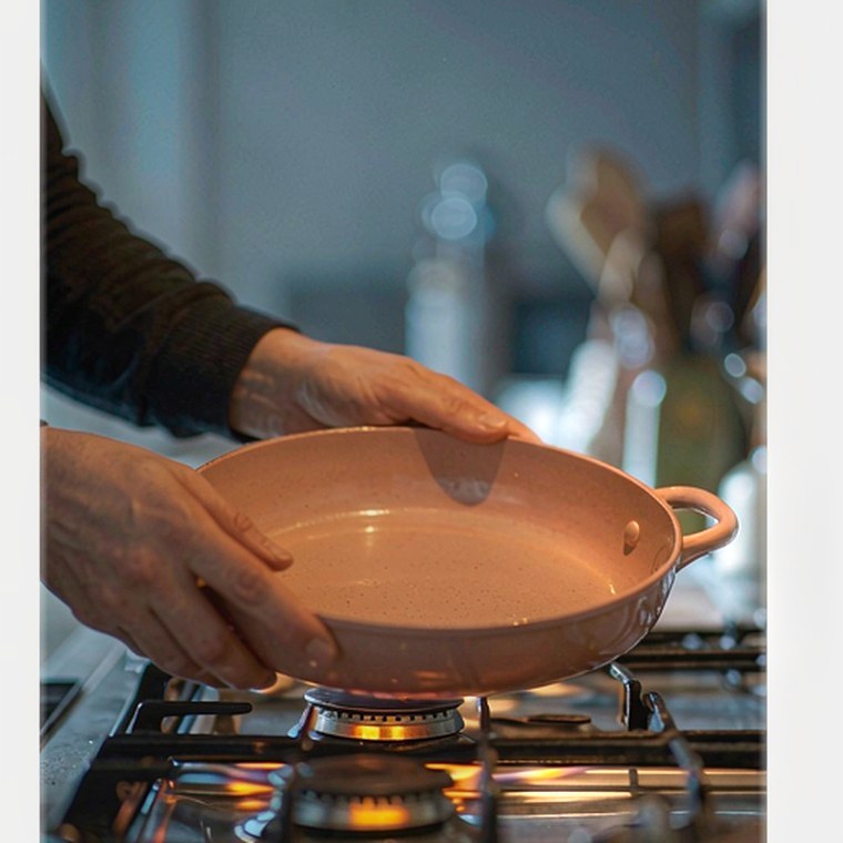 Hands holding a terracotta Martholm frying pan over a warm stove
